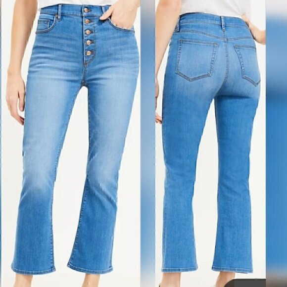Loft Exposed Button Front High Rise Mini Flare Kick Crop Raw Hem Size 27/4 - Picture 5 of 12